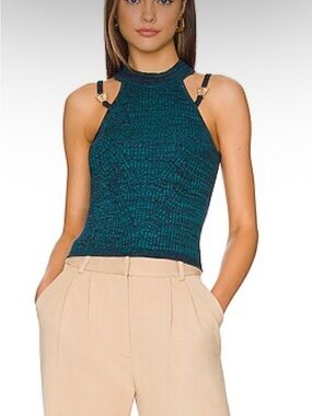 NWT Amanda Uprichard Teal Knit Halter Pauline Tank with Gold Butterfly Straps